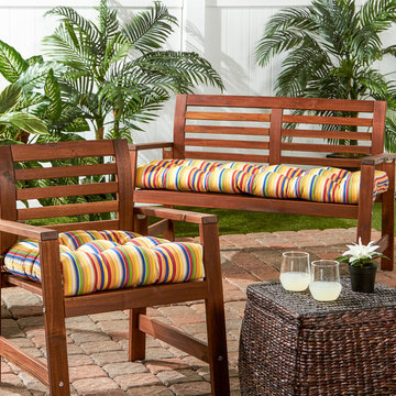 Teak Wood Chair and Loveseat with Modern Stripe Print Cushions