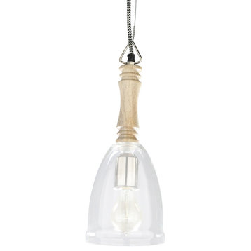 Slim Wood and Glass Hanging Lamp Radiant Clear Glass With White-Washed Wood Top