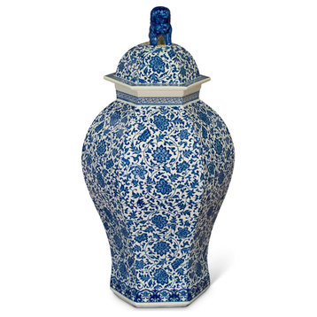Floral Blue and White Oriental Ginger Jar with Foo Dog Motif Lid