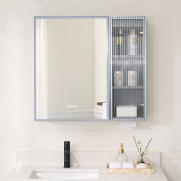 Solid Wood Bathroom Medicine Cabinet With Lights, Defogger, Grey, 30"x28"