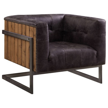 Bowery Hill Top Grain Leather Accent Chair in Antique Ebony and Rustic Oak