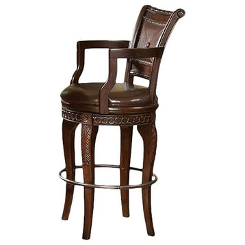 Bowery Hill 30" Traditional Wood/Bicast Leather Swivel Bar Stool in Cherry