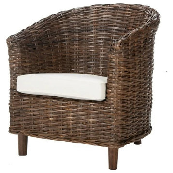 Coastal Accent Chair, Barrel Design With Rattan Body With Cushioned Seat, Brown