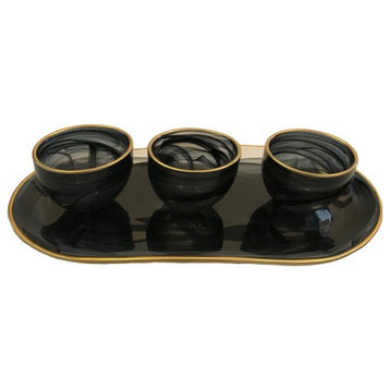 Black Alabaster Tray with Gold Trim and 3 Bowls