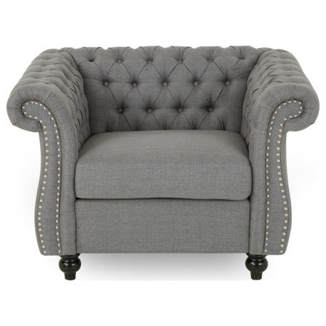 Leila Chesterfield Velvet Club Chair, Dark Gray, Dark Brown