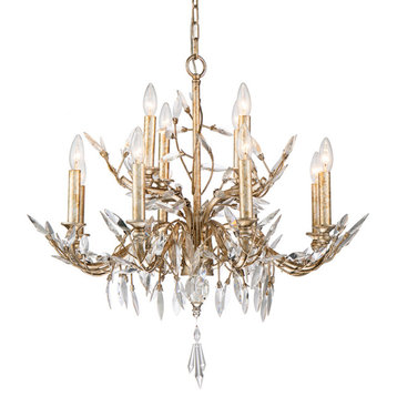 Silver and Antique Glazed 12 Light Chandelier With Flower Inspired Crystals