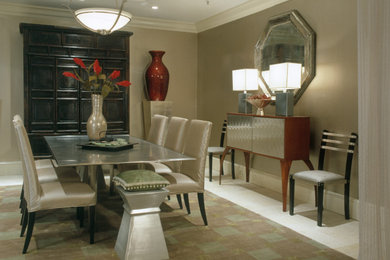 Large minimalist carpeted and beige floor dining room photo in DC Metro with metallic walls