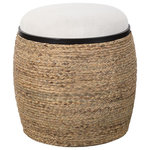 Uttermost - Uttermost Island Straw Accent Stool - A Unique Blend Of Casual And Coastal Styles, This Accent Stool Is A Versatile Piece That Can Be Used As Seating Or A Foot Rest. The Round Base Is Wrapped In Natural Braided Straw With Matte Black Iron Details With A Plush Upholstered Seat In Light Beige.