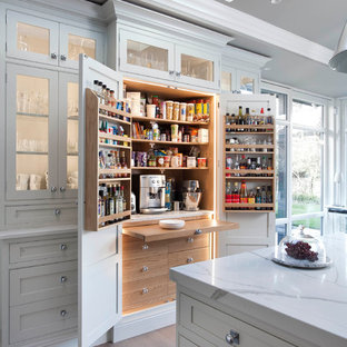 Стильный дизайн: кухня в классическом стиле с кладовкой, плоскими фасадами, светлыми деревянными фасадами и светлым паркетным полом - последний тренд