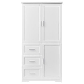 Tall and Wide Storage Cabinet, Doors for Bath/Office, Three Drawers, White