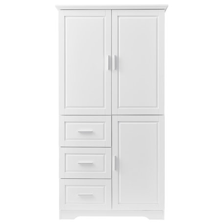 Tall and Wide Storage Cabinet, Doors for Bath/Office, Three Drawers, White