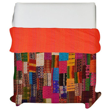 Silk Sari Patola Patchwork Queen Cotton kantha Quilt Throw Blanket, Queen