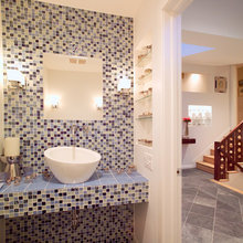 wall faucet, recessed shelves