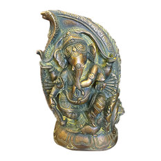 Mogul Interior - Ganesha Statue Dancing Ganesh In Conch Handmade Brass Sculpture From India - Decorative Objects And Figurines
