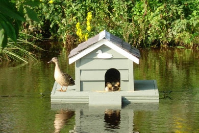 Small farmhouse back full sun garden for spring in Other with a water feature.