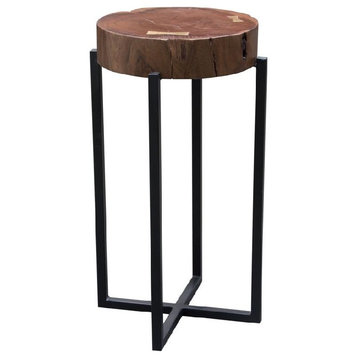 Large 25" Accent Table, Mango Wood Top, Walnut Finish With Gold Metal Inlay