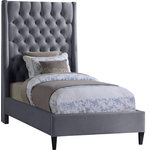 Meridian Furniture - Fritz Velvet Upholstered Bed, Gray, Twin - Count on this Fritz velvet bed to bring a modern look to life in your bedroom sanctuary. This lovely bed features soft grey velvet upholstery for a sumptuously elegant feel and an upscale look. The extra-tall headboard lends your space an element of drama, and the brass nail-head trim accentuate the sophisticated demeanor of this modern bed. Tufting on the wingback headboard helps keep its padding aloft while adding a textural design that draws the eye.