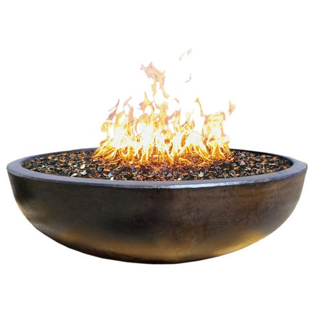 48" Concrete Fire Pit Bowl, Dark Bronze, Crushed Black Lava Filling, Propane Gas