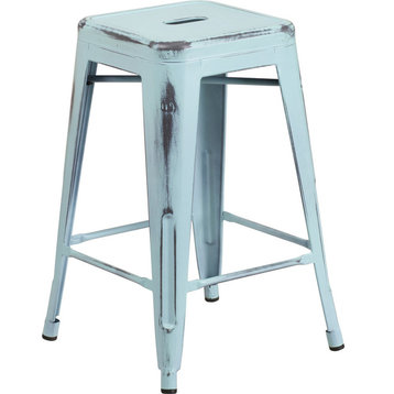 Backless Distressed Metal Indoor/Outdoor Stool, Dream Blue, Counter Height