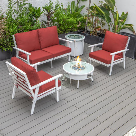 Modern White Patio Conversation With Round Fire Pit & Tank Holder, Red