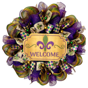 Fleur de Lis Welcome Wreath Mardi Gras Or All Occasion Handmade Deco Mesh