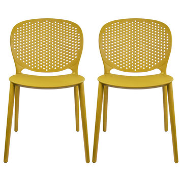 Stackable Plastic Armless Side Dining Chairs Fully Assembled Set of 2, Ginger Yellow