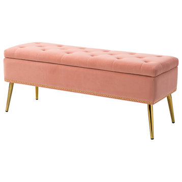 Button-tufted Storage Bench with Nailhead Trim, Pink