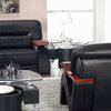 Black Top-Grain Italian Leather Sofa Set With Mahogany Arms