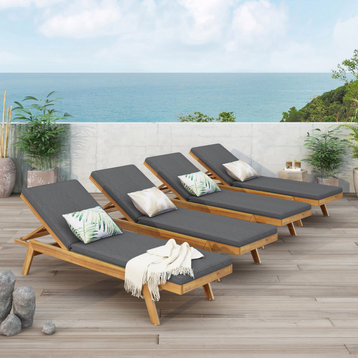 Larimore Outdoor Acacia Wood Chaise Lounge with Cushions (Set of 4), Dark Grey + Teak