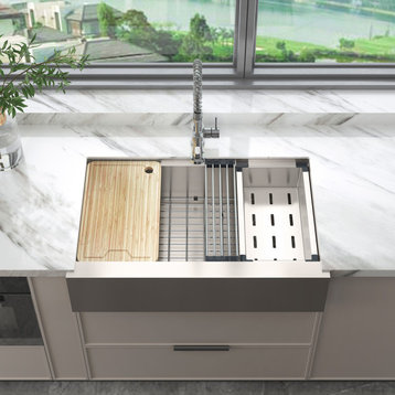 Sinber Single Bowl Kitchen Sink with 304 Stainless Steel Satin Finish, 33"x20" Workstation, Apron/Farmhouse