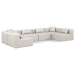 Meridian Furniture - Cube Upholstered Modular Sectional, Cream, 6-Piece: 4 Armless Chair, 2 Corner Chair, Vegan Leather - Elevate your space with the luxurious Cube Vegan Leather Modular Sectional. This modular sectional exudes modern elegance, charm, and comfort making it a perfect addition to any contemporary living space. Its clean lines and cube shape are reminiscent of minimalist design, while the plush cream vegan leather upholstery adds a touch of luxury and sophistication. The chair's versatile construction and geometric aesthetic seamlessly integrate into various design styles, from sleek living rooms to chic home offices, embodying the essence of modern design and creating a sense of order and tranquility in your space.