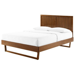 Platform Bed Frame Queen Size Wood Brown Walnut Modern Mid