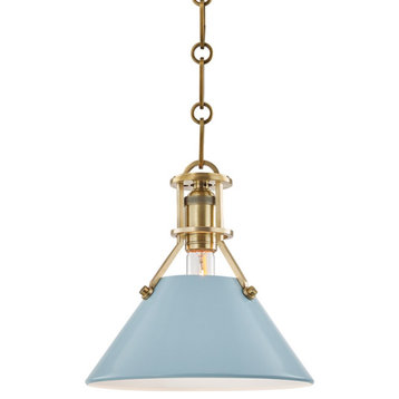 Hudson Valley Painted No.2 1-Light Small Pendant MDS351-AGB/BB, Aged Brass/Blue