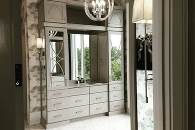 Inspiration for a large transitional master mosaic tile floor, single-sink and wallpaper bathroom remodel in Charlotte with flat-panel cabinets, gray cabinets, marble countertops and a built-in vanity
