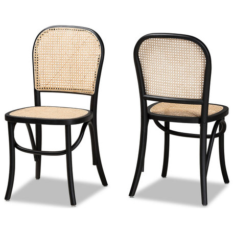 Cambree Mid-Century Brown Woven Rattan Black Wood 2-Piece Cane Dining Chair Set