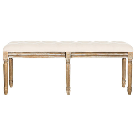 Rocha French Brasserie Tufted Traditional Rustic Wood Bench, Beige Linen