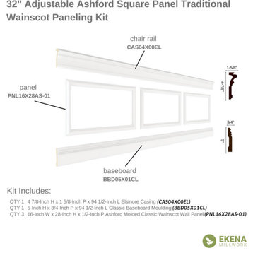 94.5"L Ashford Square Traditional Wainscot Paneling Kit, 32-36"H, 16x28" Panels