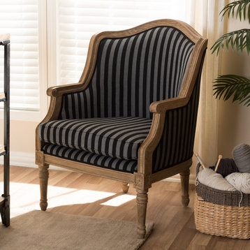 Unique Accent Chair, Cedar Wood Frame With Striped Polyester Seat, Black/Gray