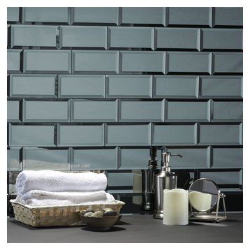 Reflections 3 in x 6 in Beveled Glass Mirror Subway Tile in Glossy Blue