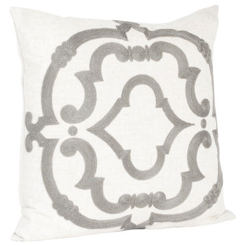 Embroidered Design Cotton Throw Pillow, Gray