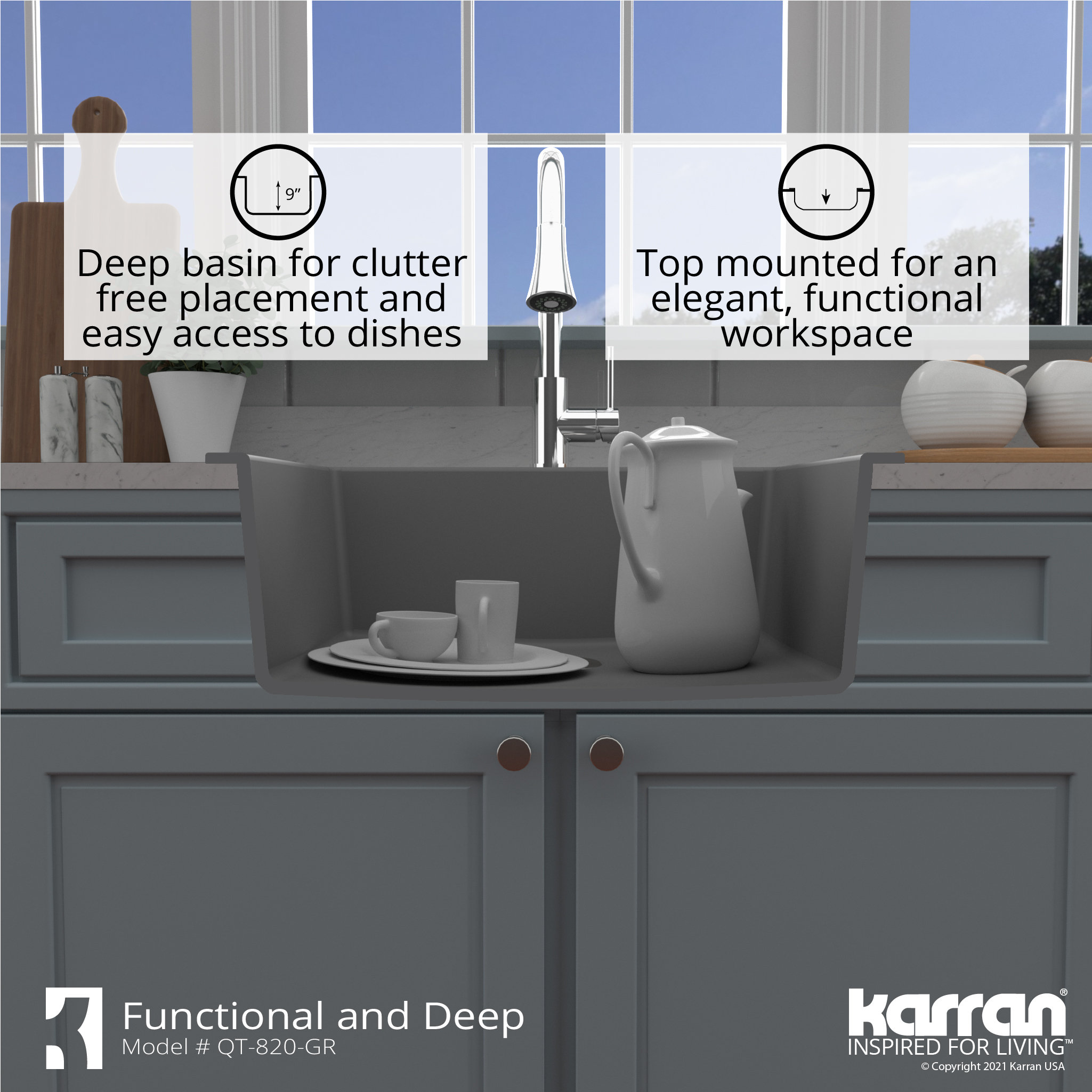 Karran QT-820 Top Mount 25" Single Bowl Quartz Kitchen Sink Kit, Grey