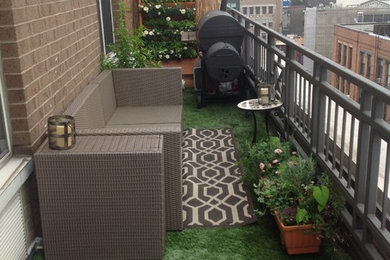 Photo of a small contemporary side yard patio in New York with a container garden and no cover.