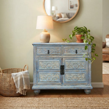 Oriental Floral Shabby Chic Rustic Light Blue High Credenza Cabinet cs1158