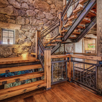 Character Hickory Plank Flooring, Staircase with Stone Wall