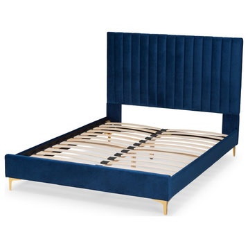 Contemporary Queen Platform Bed, Navy Blue Velvet Headboard With Channel Tufting