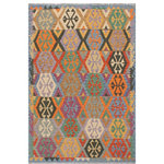 Bareens Designer Rugs - Tribal Turkish Kilim Helene Hand-Woven Wool Rug - 4'11'' x 6'8'' - Elevate the elegance of your home with this stunning hand-woven tribal Kilim wool rug. Meticulously crafted on a loom by the Nomad Turkman people using hand-spun wool and 100% natural vegetable dyes, these rugs are recognized for their repetitive geometric patterns, incorporating naturalistic floral and traditional designs. The contemporary fashion palette results in bold, sharp patterns that are incredibly versatile, as the pattern is the same on both sides. These reversible rugs feature a lighter shade on one side and brighter colors on the other, providing versatility according to preference. These unique rugs are made by knotting short strands of different colors onto the warps and securing them by tightly pressing the wefts. The designs are created by interweaving the various colored wefts and warps. Kilims are known for their exceptional durability and versatility, making them truly unique rugs.  Product Details    Rug Size: 4'11'' x 6'8''  Material: 100% Wool  Style: Kilim, Flat Weave, Dhurrie, Turkish, Southwestern, Rustic, Tribal  Colors: Grey, Blue  Weave Type: Hand-Woven, Handmade  Pile Height: Less than 0.25 inch