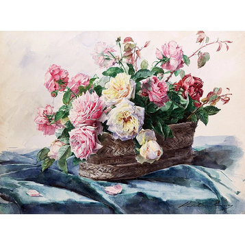 Tile Mural, Art Watercolor Flowers Roses Pink Basket By Madeleine Lemaire Matte