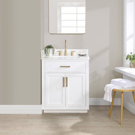 Gavino Vanity With Grain White Composite Stone Top, White/Brushed Gold, 30", No Mirror