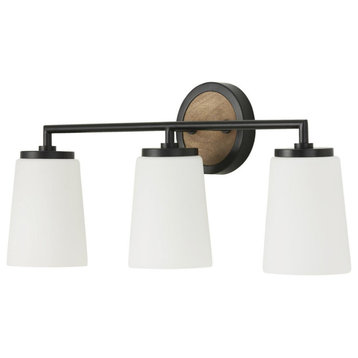 Jonah 3 Light Bathroom Vanity Light, Light Wood and Matte Black