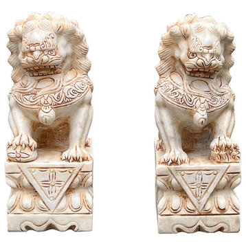 Chinese Small Pair Cream White Marble Stone Fengshui Foo Dogs Statues Hws3068